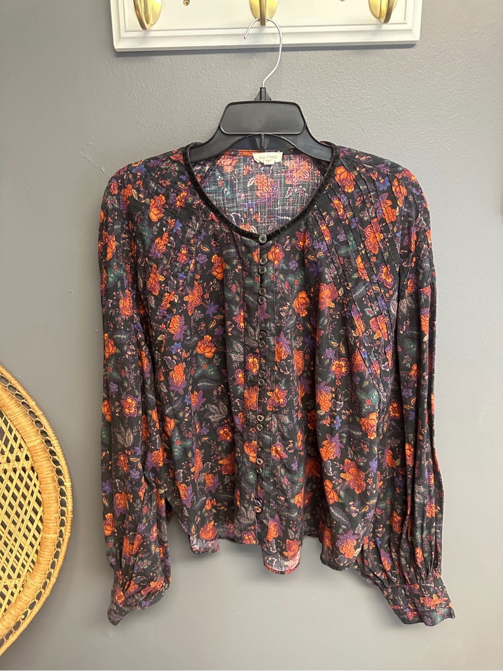 Pilcro Anthropologie Floral Blouse Womens L Boho Peasant Boxy Cottagecore Top